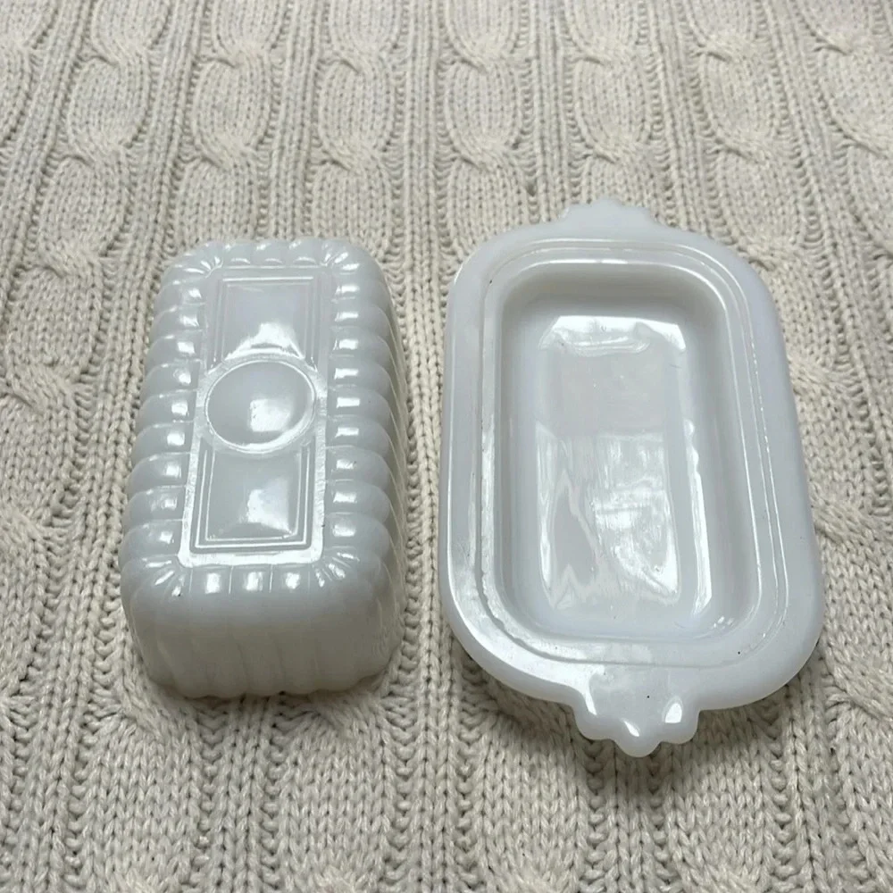 Vtg Hazel Atlas half stick butterdish w/ lid White Milk glass Ribbed MCM 1950s